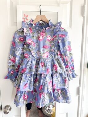 Janie and Jack Size 8 Blue Pink Floral Tiered Ruffle Long Sleeve Dress